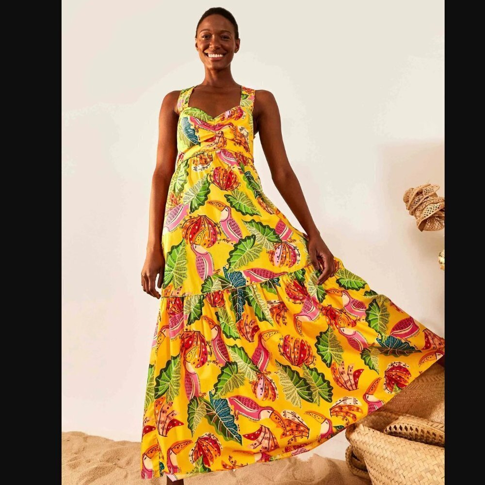FARM Rio Yellow Tropical Floral Maxi Dress with Pink & Green Accents